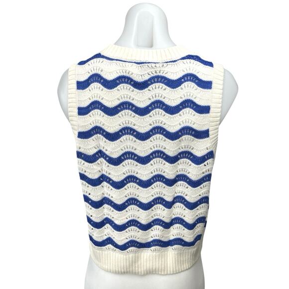 H&M Divided White Blue Pointelle Knit Crochet Striped Sweater Vest Tank Top Sz M - Picture 2 of 4